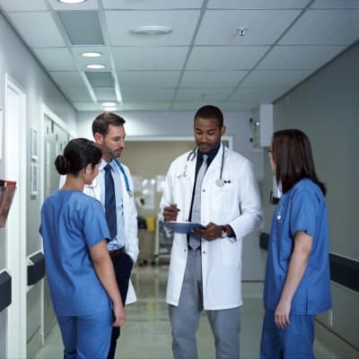 Group of doctors and nurses talking in hallway.